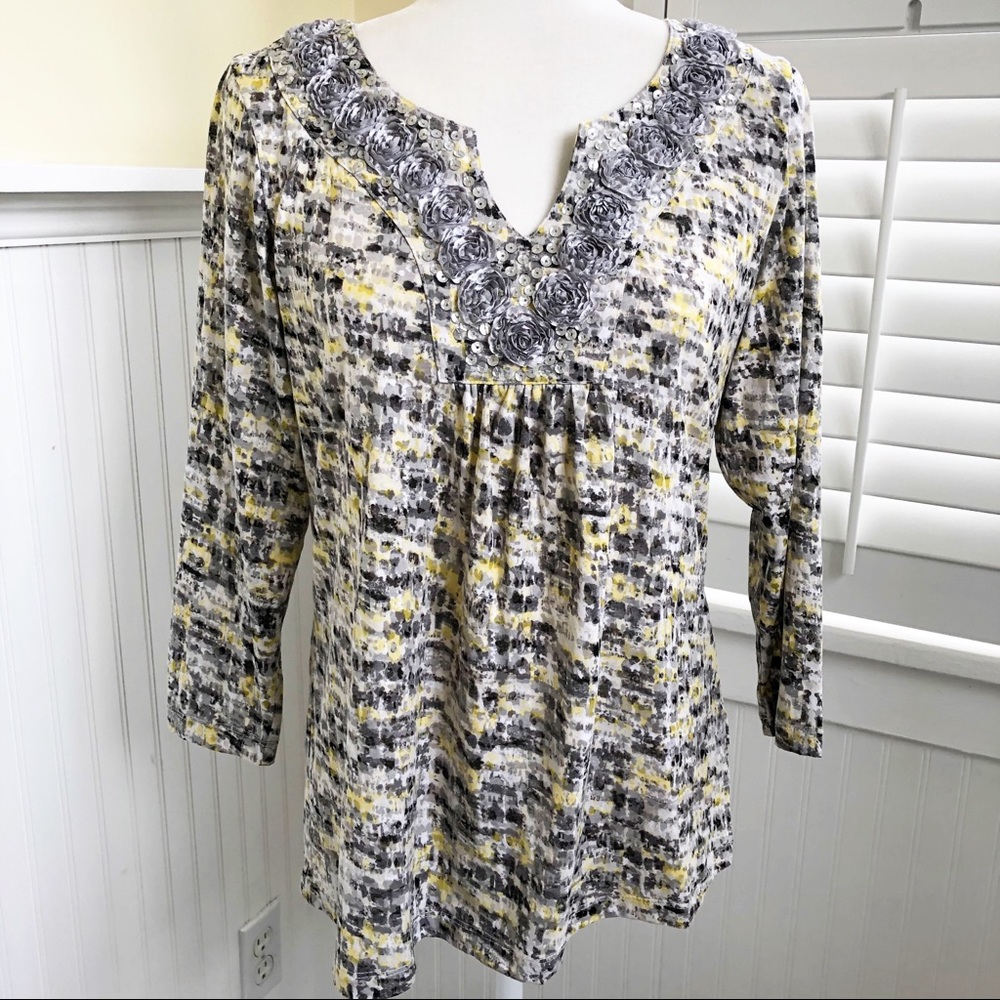 Ruby Rd Euc Gray & Yellow Sequins Neckline Top - S - image 1